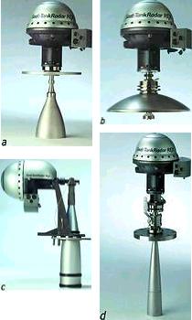 a) Horn antenna gauge RTG 3920: designed specifically for mounting in existing small tank nozzles (min 8 inches) near the tank wall on fixed roof tanks. False radar echoes from the tank wall are all but eliminated by intelligent signal polarization, thus prevented from affecting the measurement quality. This gauge measures all types of liquids, but is less suitable for asphalt and similar products. 
b) Parabolic antenna gauge RTG 3930: has a large heavy-duty stainless steel and PTFE antenna. The antenna is tolerant of sticky and condensing products, making this gauge a suitable choice for all products, from the very clean to asphalt and blown bitumen. 
c) Still-pipe gauge RTG 3940: designed for tanks with a still-pipe and with or without a floating roof, such as crude oil tanks and gasoline tanks. The system&#8217;s &#8216;low loss mode&#8217; maintains approved custody transfer accuracy when measuring in rusty and deposit-coated still-pipes. A removable wave-guide facilitates hand-dips and sampling. 
d) LPG/LNG gauge RTG 3960: for measuring, with              approved custody transfer accuracy, in pressurised tanks with liquefied gas. A still-pipe makes the signal sufficiently strong even from a boiling surface. A reference pin is used to verify measurements when the tank is             pressurised. A vapour pressure sensor and ball valve are an option